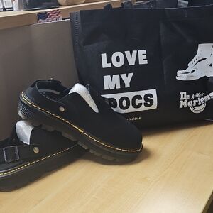 Dr. Martens Black Slip-On Mules with Yellow Stitching